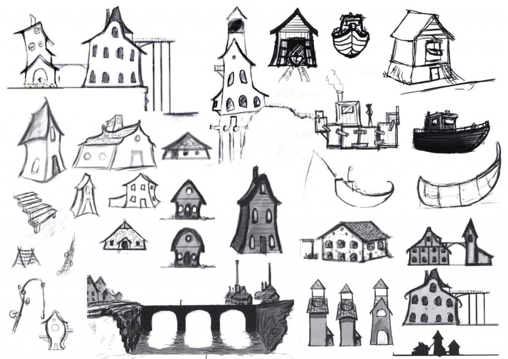 (Early sketches for the Fishing Town)